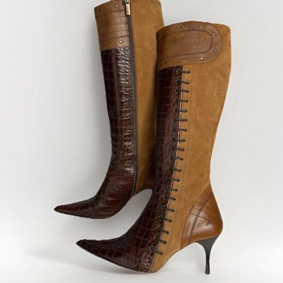 Vintage Avant Garde Just Cavalli Leather Knee High Boots Brown Croc Pointed Toe - Picture 2 of 7